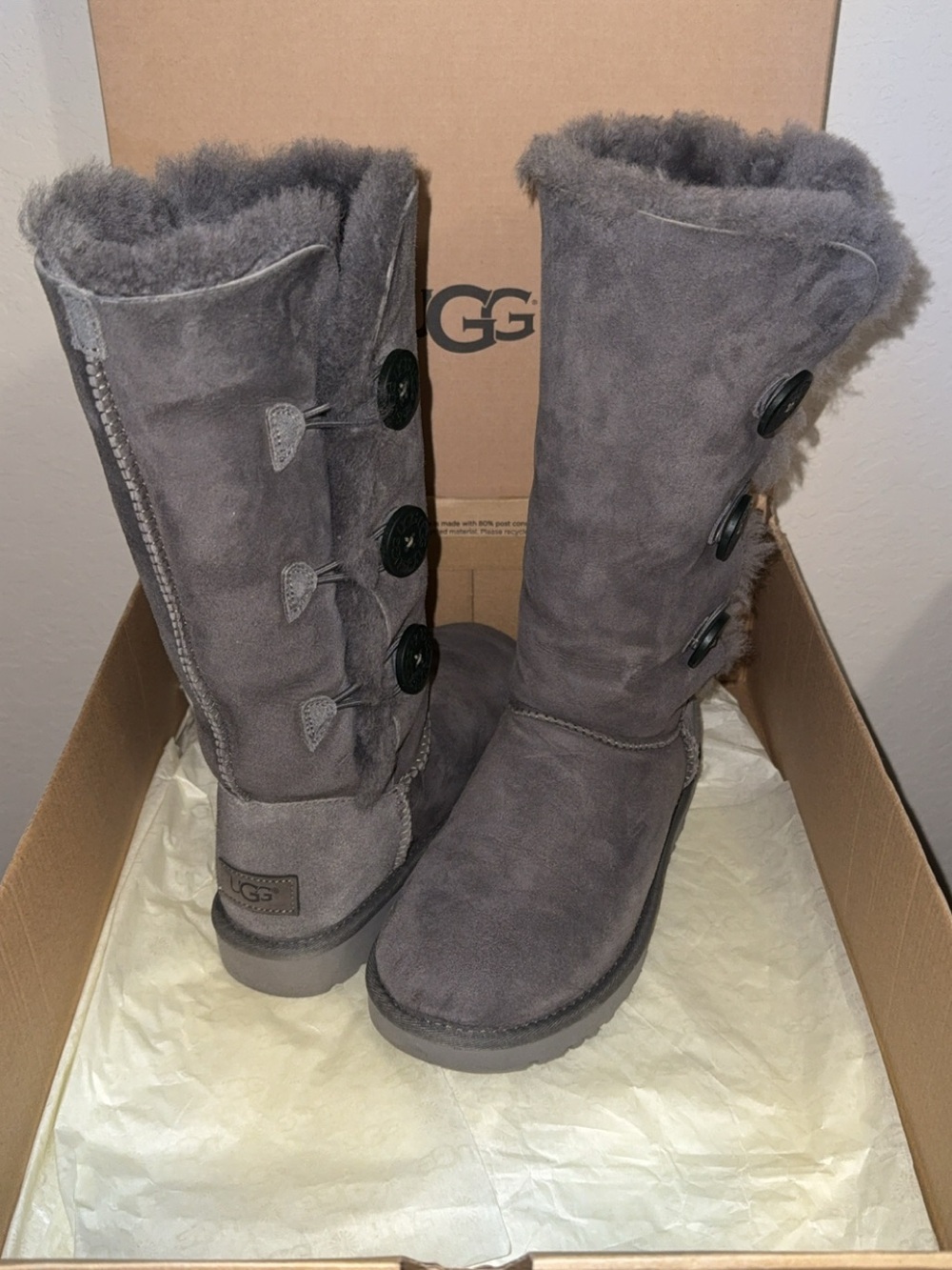 UGG Tall Triple-Button Suede Boots in Gray